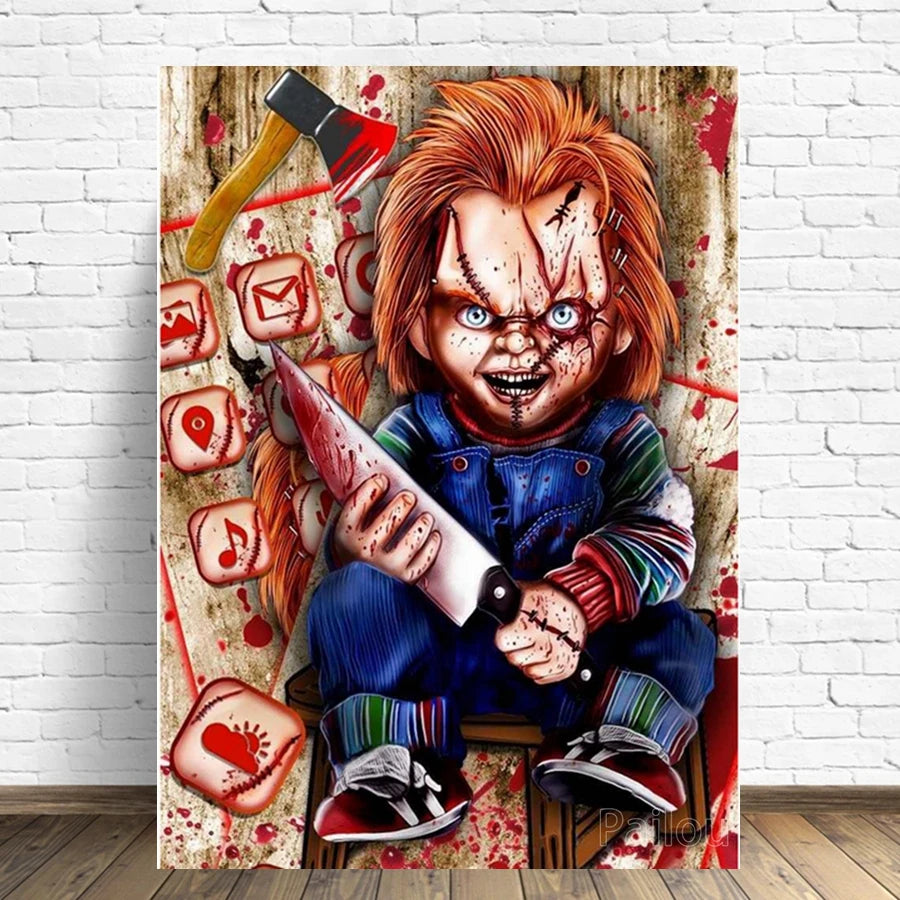 A detailed diamond painting kit featuring a portrait of Chucky the horror character.
