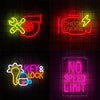 Four neon signs featuring tools, an engine check, a key and lock, and a speed limit sign on a dark background.