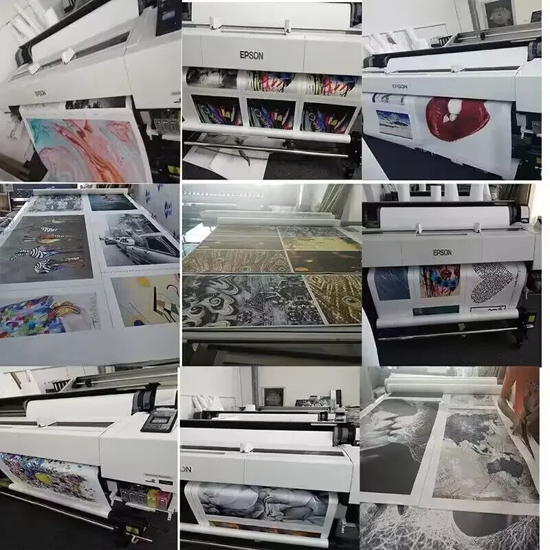 A series of Epson printing machines displaying various canvas prints and artwork.