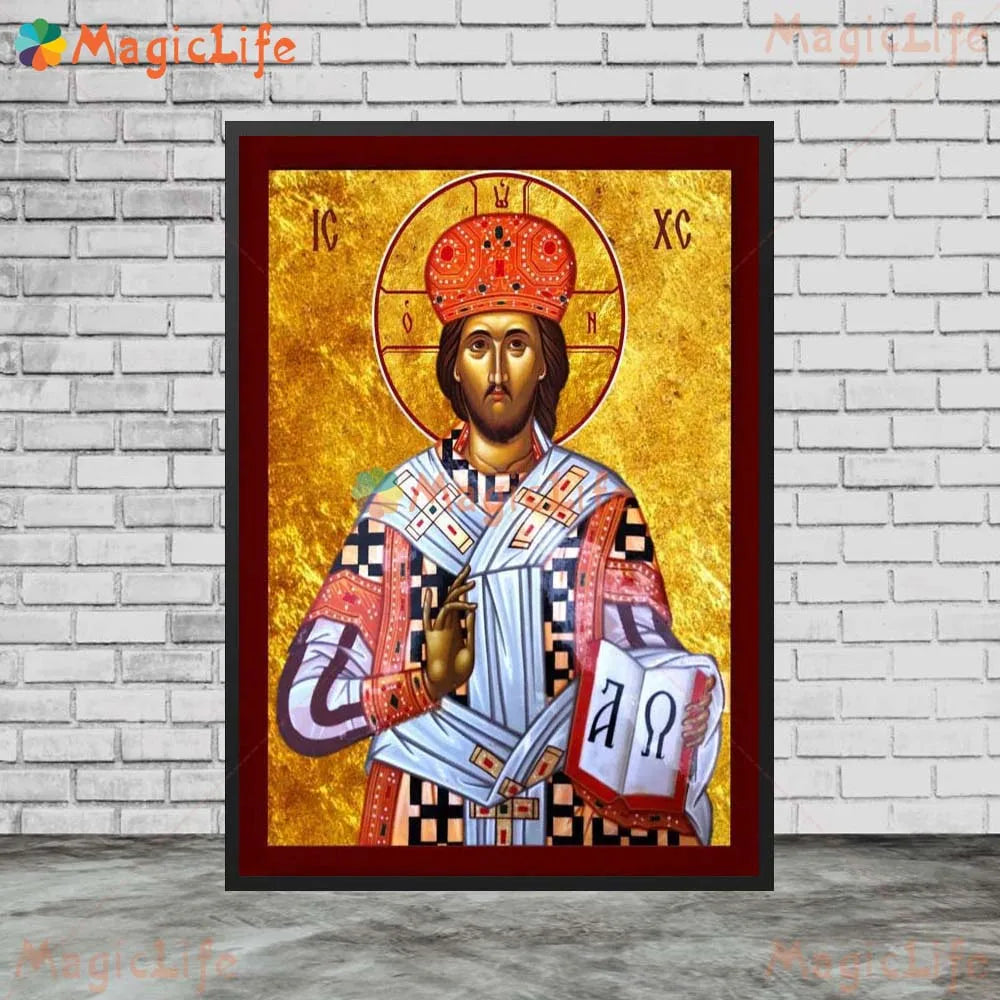 A painting of Jesus Christ with a halo and crown, rendered in warm golden tones on a dark background.