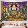 A vibrant bohemian mandala tapestry wall hanging featuring two stylized faces surrounded by colorful floral and geometric pat