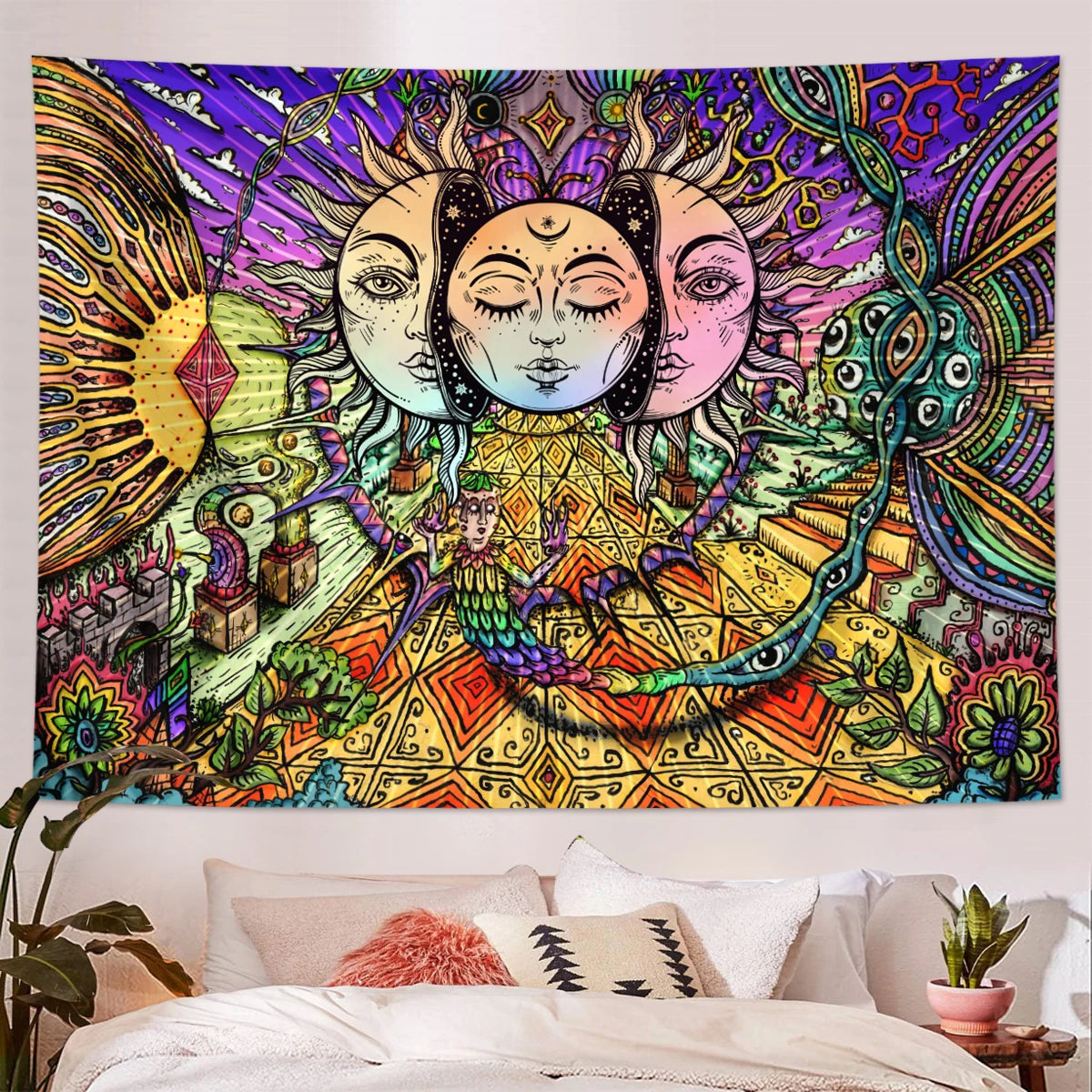 A vibrant bohemian mandala tapestry wall hanging featuring two stylized faces surrounded by colorful floral and geometric pat
