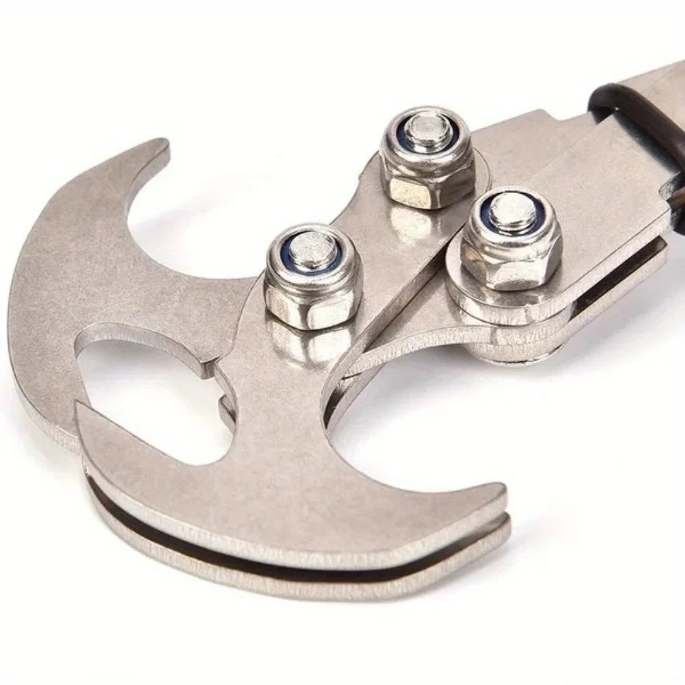 A heavy duty stainless steel gravity hook multi-tool with silver metal components.