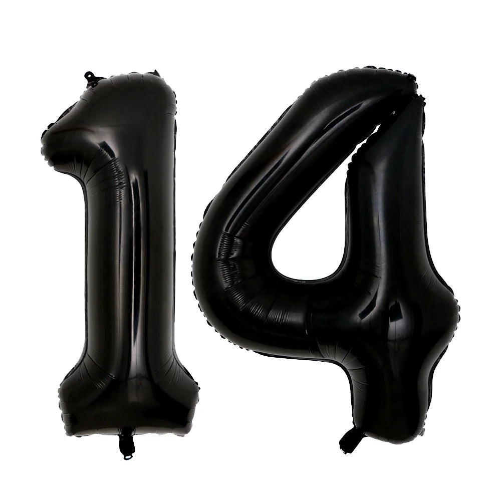 A set of two giant black foil balloons shaped like the number 14