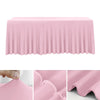 A pink stretch rectangle tablecloth draped over a table, showing close-ups of the fabric texture.
