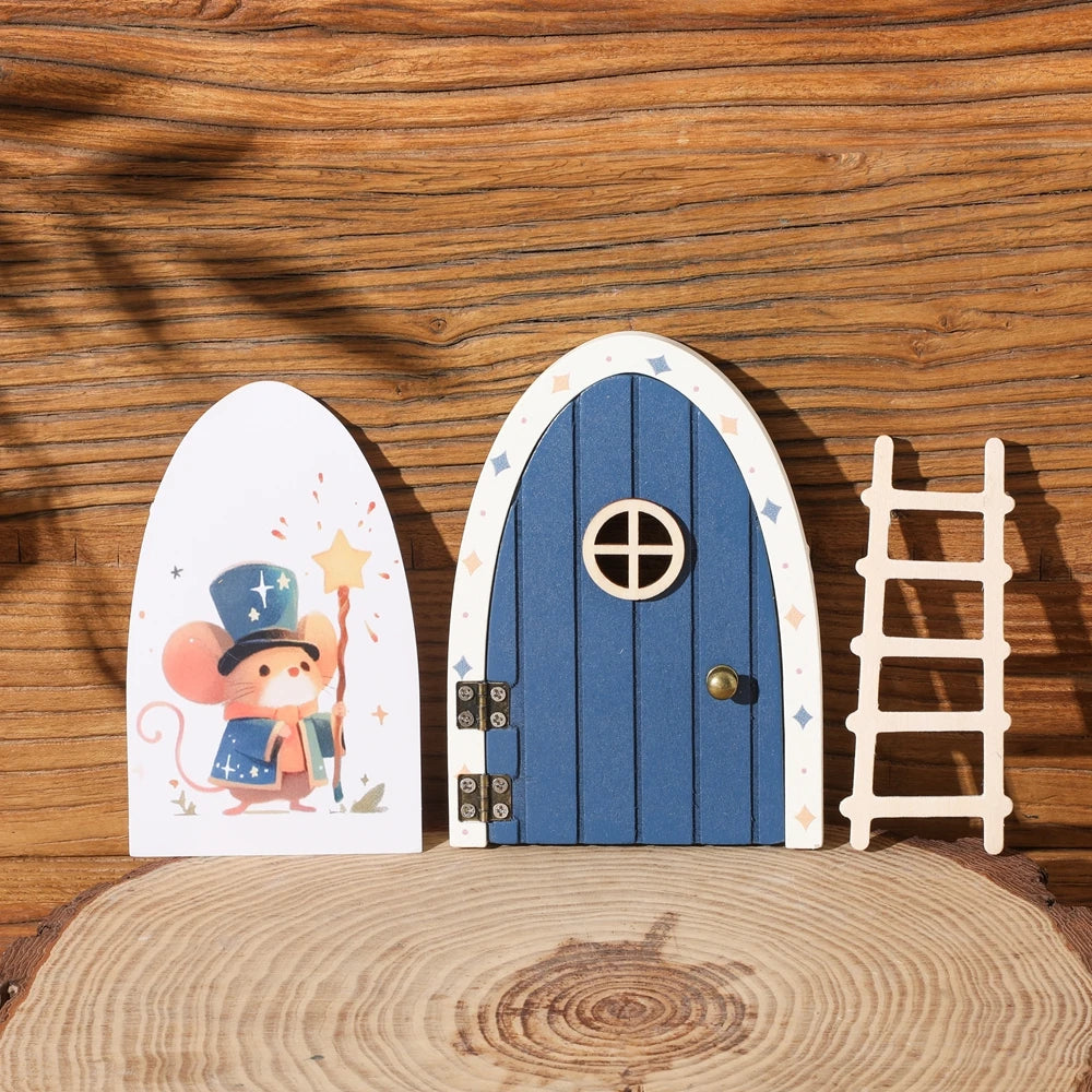 A wooden fairy elf door miniature decoration featuring a blue door and a ladder on a wooden surface.