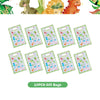 A set of ten colorful gift bags featuring dinosaur designs for a birthday party kit.
