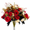 A vibrant bouquet of artificial silk roses in shades of red, pink, and cream with green foliage.