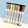 An array of eight magnetic dry erase markers in various colors and fine tips are displayed in a row.