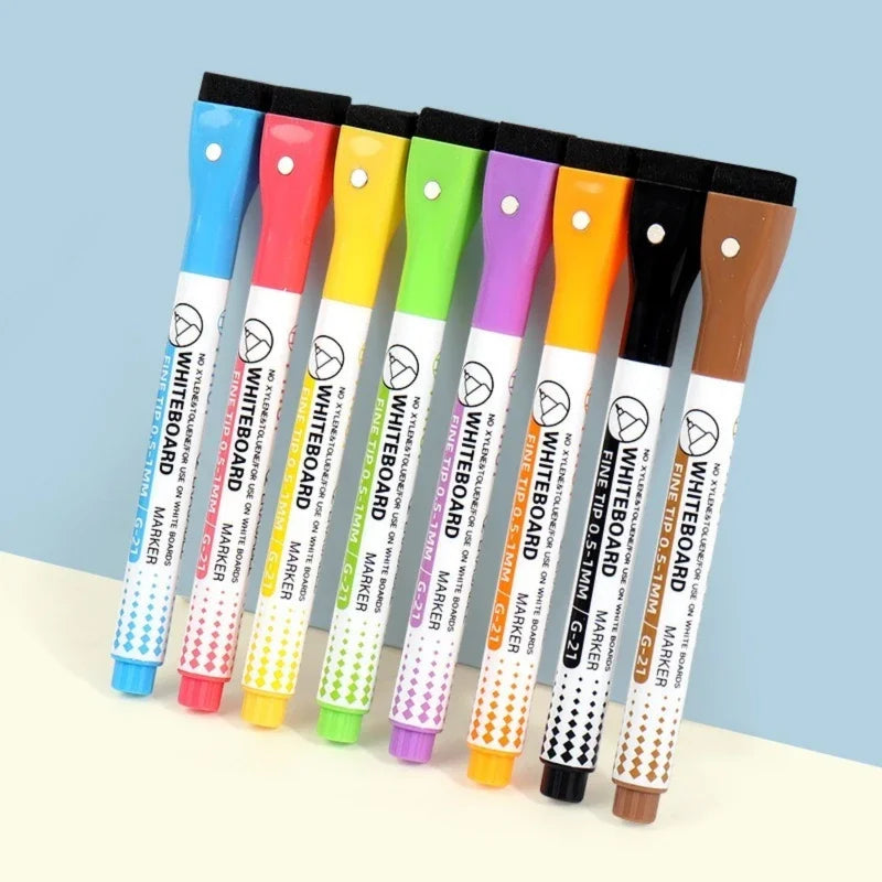 An array of eight magnetic dry erase markers in various colors and fine tips are displayed in a row.