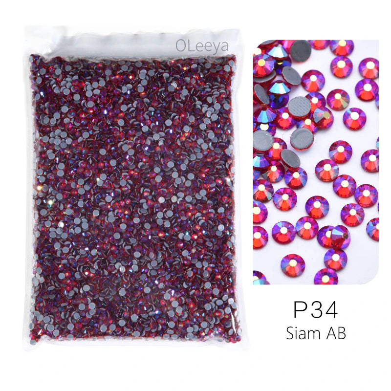 A packet of P34 Siam AB hotfix glass rhinestones featuring mixed sizes and crystal accents.