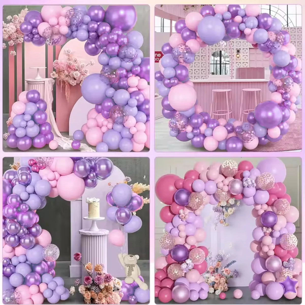 A collection of pink and purple balloons forming an arch or garland for decoration.