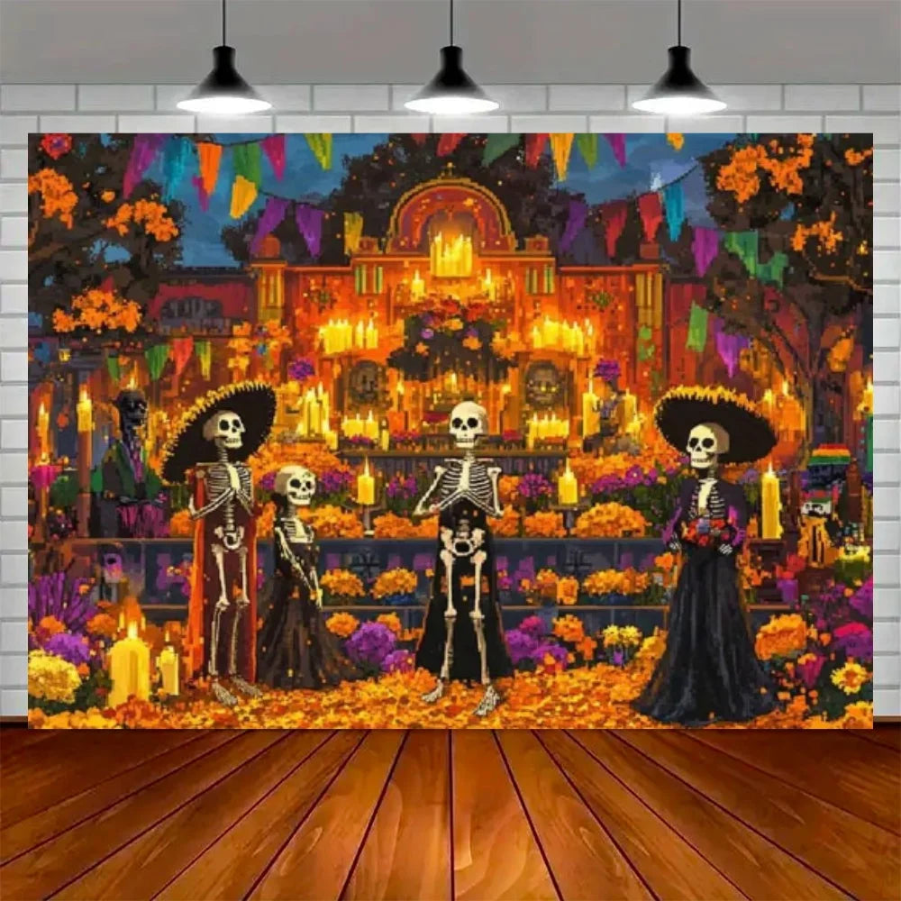 Day of the Dead Skeleton Carnival Backdrop for Halloween Party Decorations