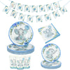 A set of cartoon elephant disposable party tableware including banners, plates, and cups.