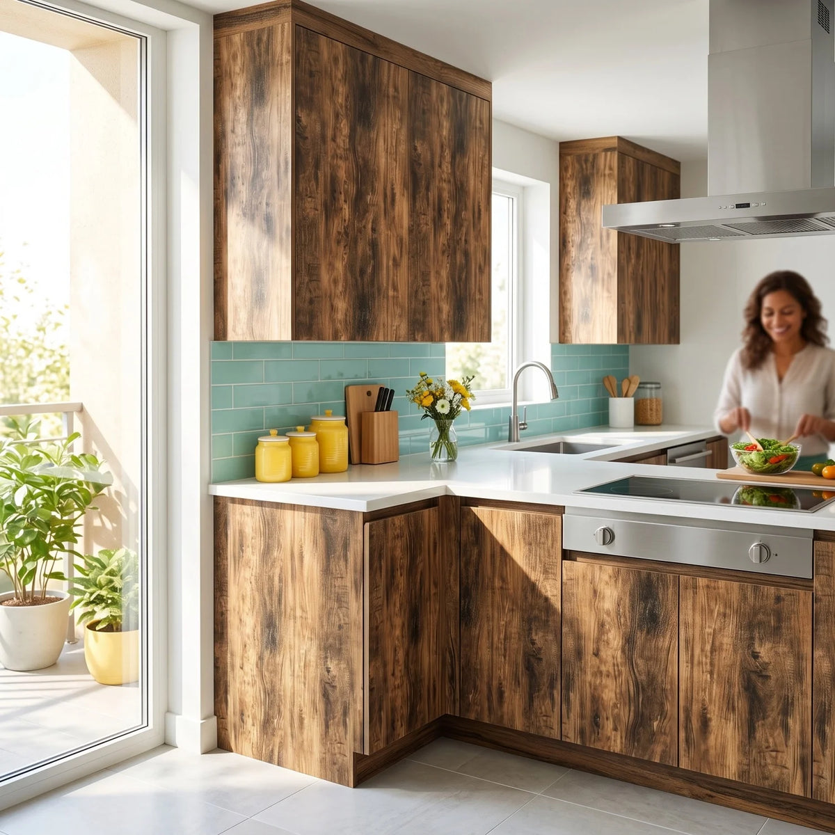 A modern kitchen cabinet featuring dark wood grain doors and a white countertop with a light blue backsplash.