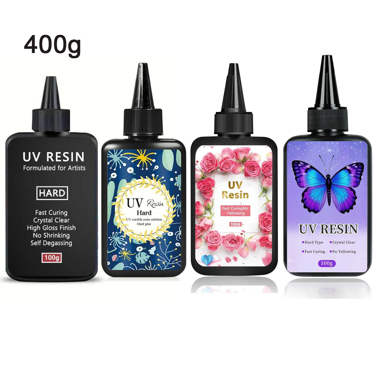 Four 100g bottles of UV resin for jewelry making, including hard and yellow types.