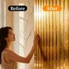 Before and after comparison of metallic gold striped peel-and-stick wallpaper on a wall.