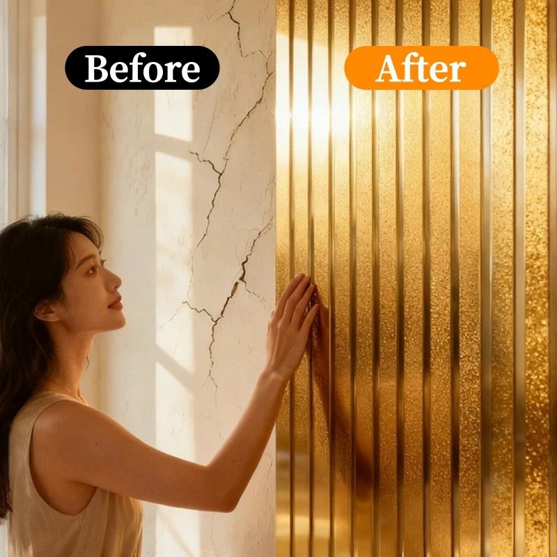 Before and after comparison of metallic gold striped peel-and-stick wallpaper on a wall.