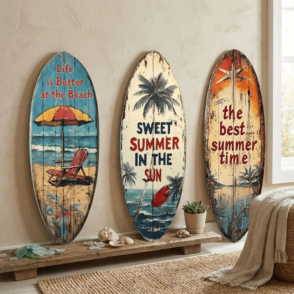 Decorative wooden surfboard wall art featuring tropical scenes and text on a light wood background
