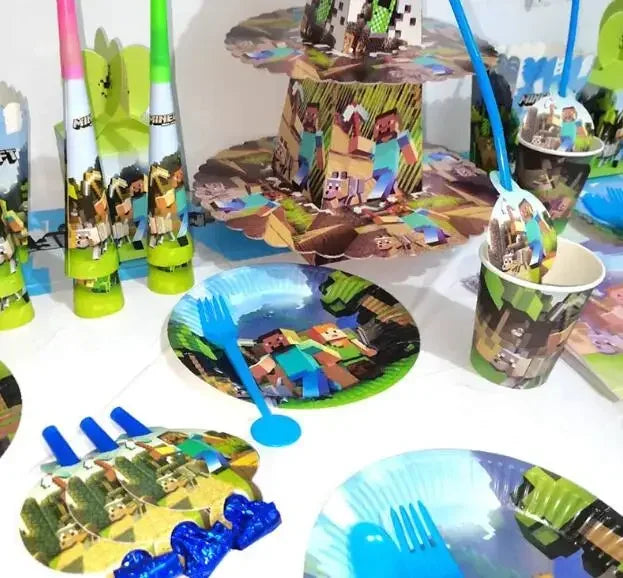 A set of Minecraft-themed party supplies including flag pulling cake toppers and tableware