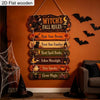 A set of wooden wall signs featuring witch's fall rules like Ride Your Broom and Read Spell Books for Halloween decor.
