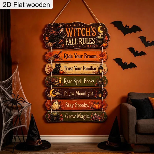 A set of wooden wall signs featuring witch's fall rules like Ride Your Broom and Read Spell Books for Halloween decor.