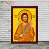 A painting of Jesus Christ with a halo, holding a sword, set against a yellow background.