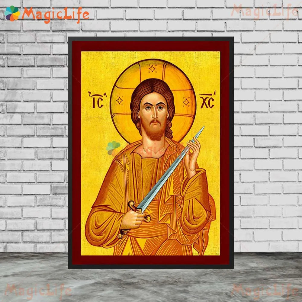 A painting of Jesus Christ with a halo, holding a sword, set against a yellow background.