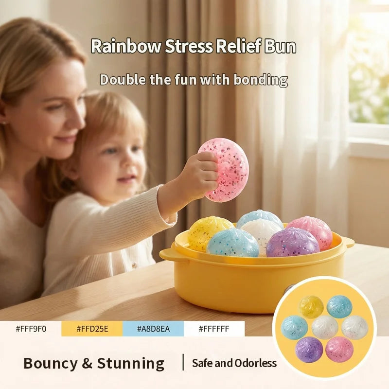 A woman and a child are bonding while playing with colorful, round stress relief squishy toys.
