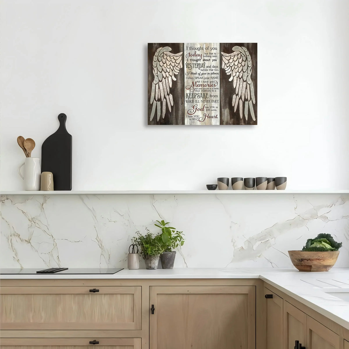 Farmhouse wing wooden frame wall art featuring a pair of feathered wings in a rustic wood background