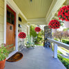A porch features a wooden door and a walkway with green chairs and potted red azalea bushes.