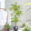 A tall artificial Nandina plant with bright green leaves in a dark pot displayed indoors.