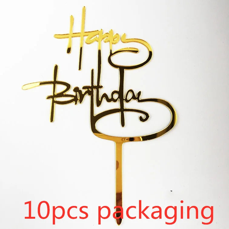 Gold acrylic happy birthday cake toppers set of 10 with a stick