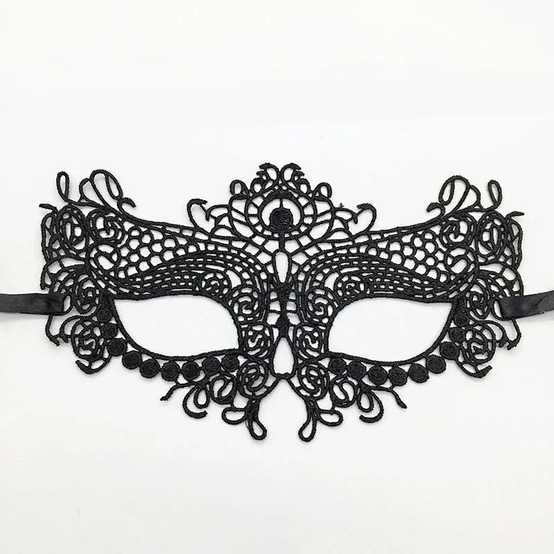 Elegant black lace half face mask with intricate floral and scrollwork design