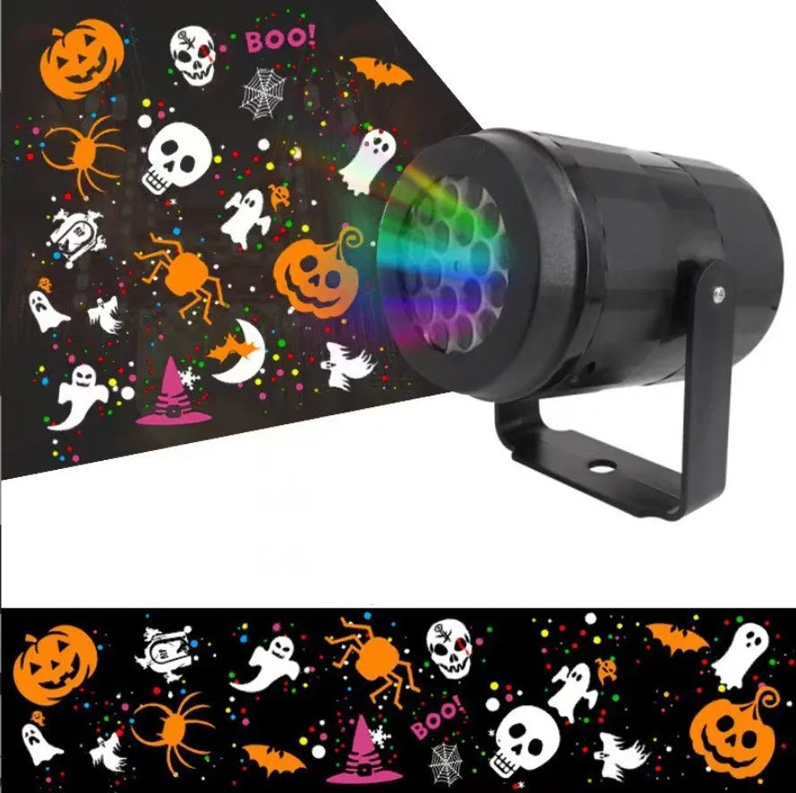 An outdoor LED projector light featuring a dark background with colorful Halloween and Christmas patterns.