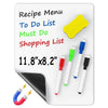 A recipe menu to do list and shopping list displayed on a white magnetic dry erase board with yellow and colored markers.