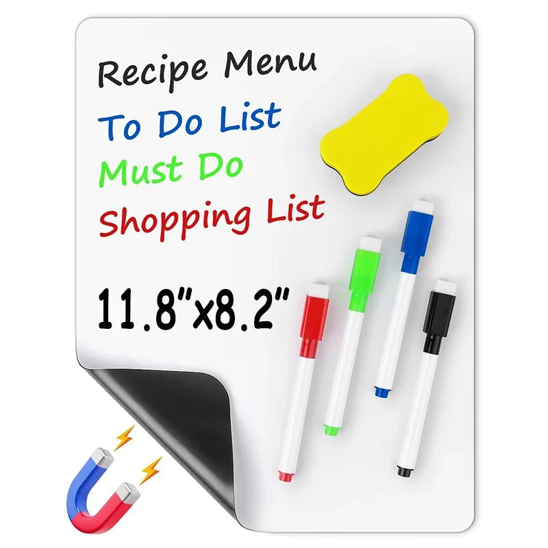 A recipe menu to do list and shopping list displayed on a white magnetic dry erase board with yellow and colored markers.
