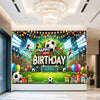 A vibrant football themed birthday backdrop banner featuring a soccer ball, trophies, crowns, and festive decorations.