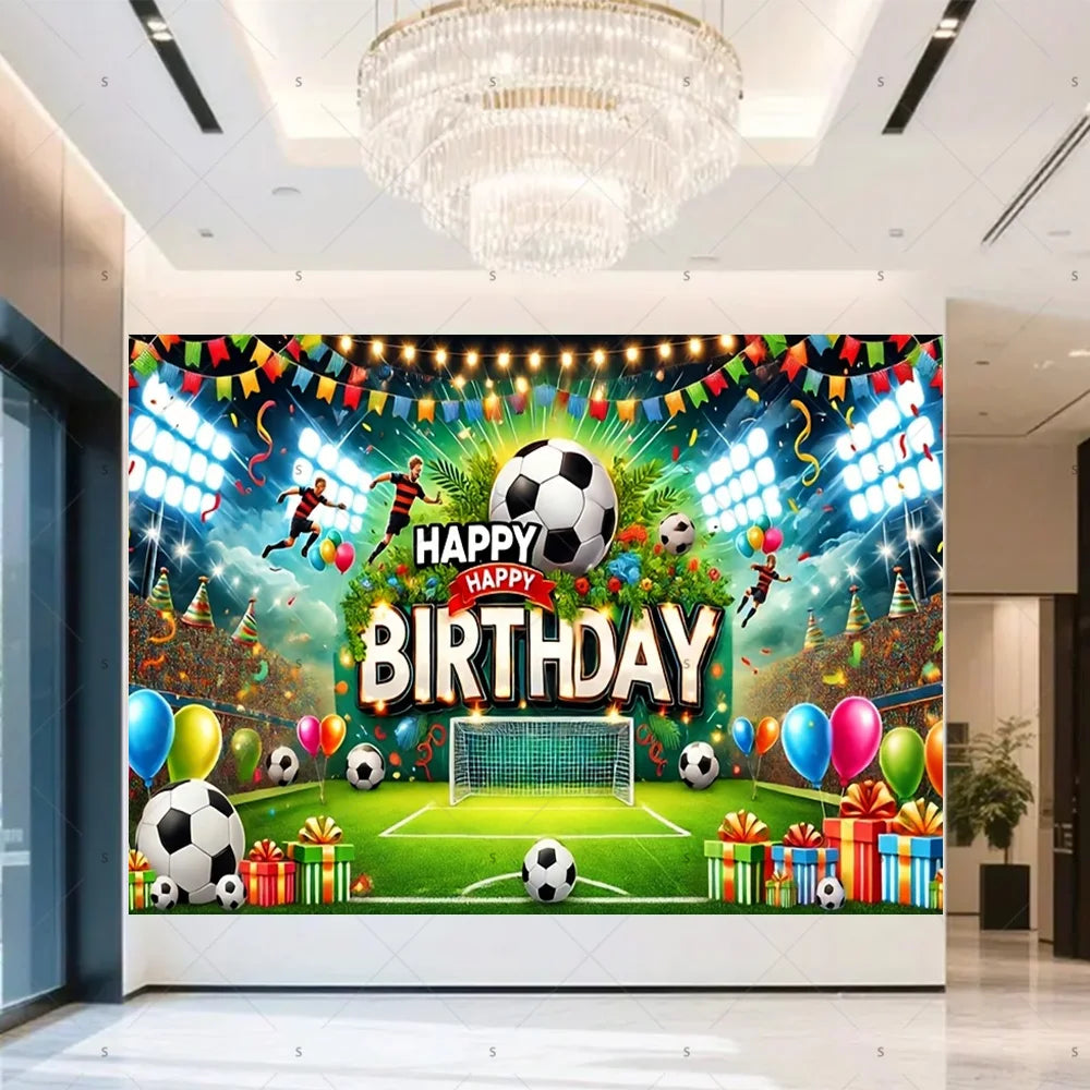 A vibrant football themed birthday backdrop banner featuring a soccer ball, trophies, crowns, and festive decorations.
