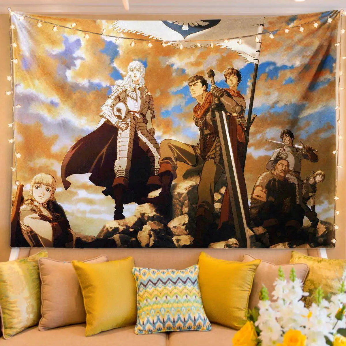A tapestry featuring characters from Berserk manga art, displayed in a bedroom setting.