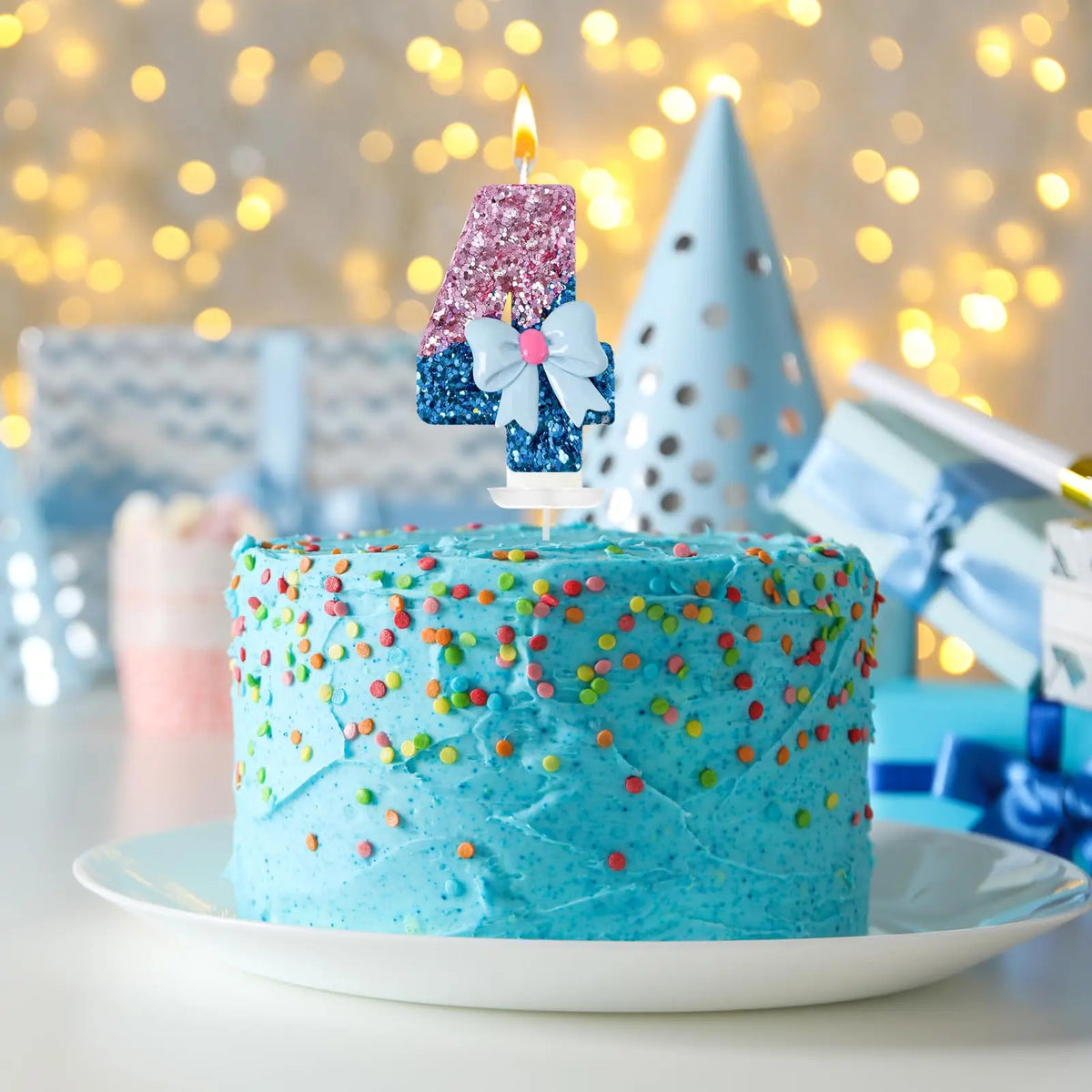 A vibrant blue frosted cake with a pink and blue glitter candle topper, set against a blurred background of warm bokeh lights
