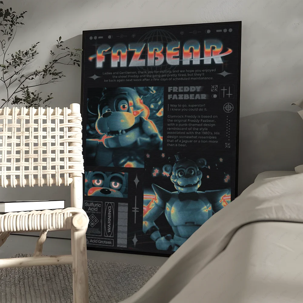 A framed poster featuring a stylized Freddy Fazbear character and text related to Five Nights at Freddy's