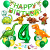 A colorful dinosaur party decoration kit featuring a banner, foil balloons, and a large number 4 balloon.