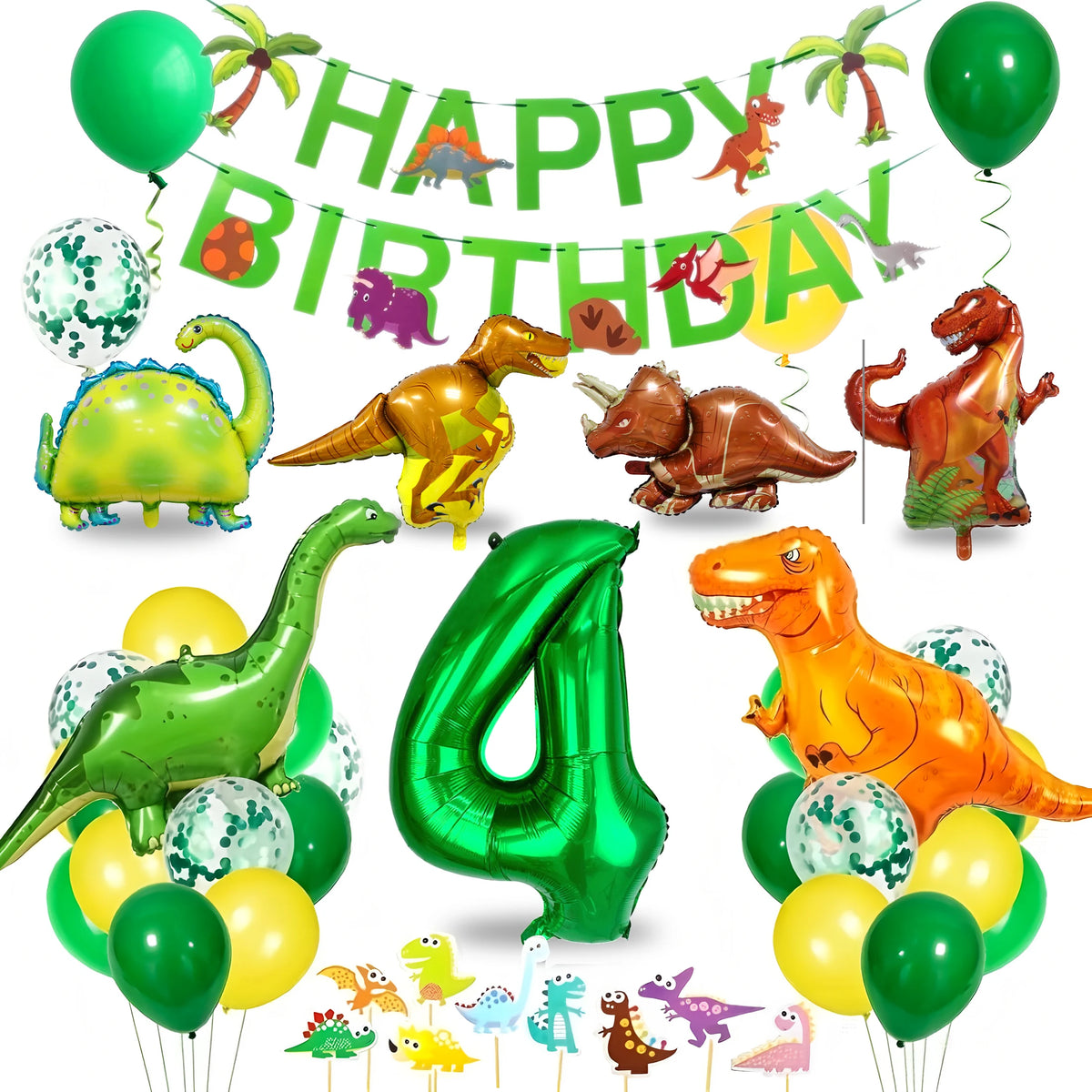 A colorful dinosaur party decoration kit featuring a banner, foil balloons, and a large number 4 balloon.
