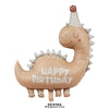 A light brown dinosaur-shaped balloon with a horn and the text HAPPY BIRTHDAY printed on it.