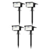 A pair of black solar powered motion sensor spot lights with LED illumination.