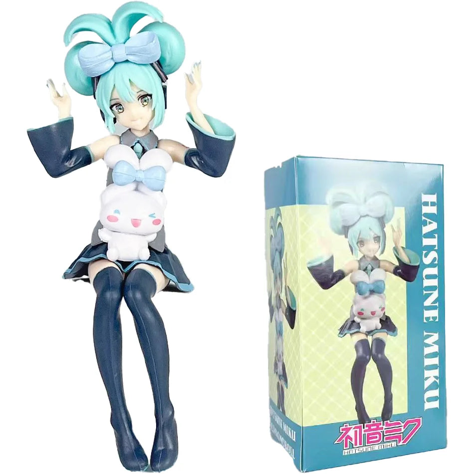 A PVC collectible figurine of Hatsune Miku with light blue hair and a white bow, standing in a dynamic pose.