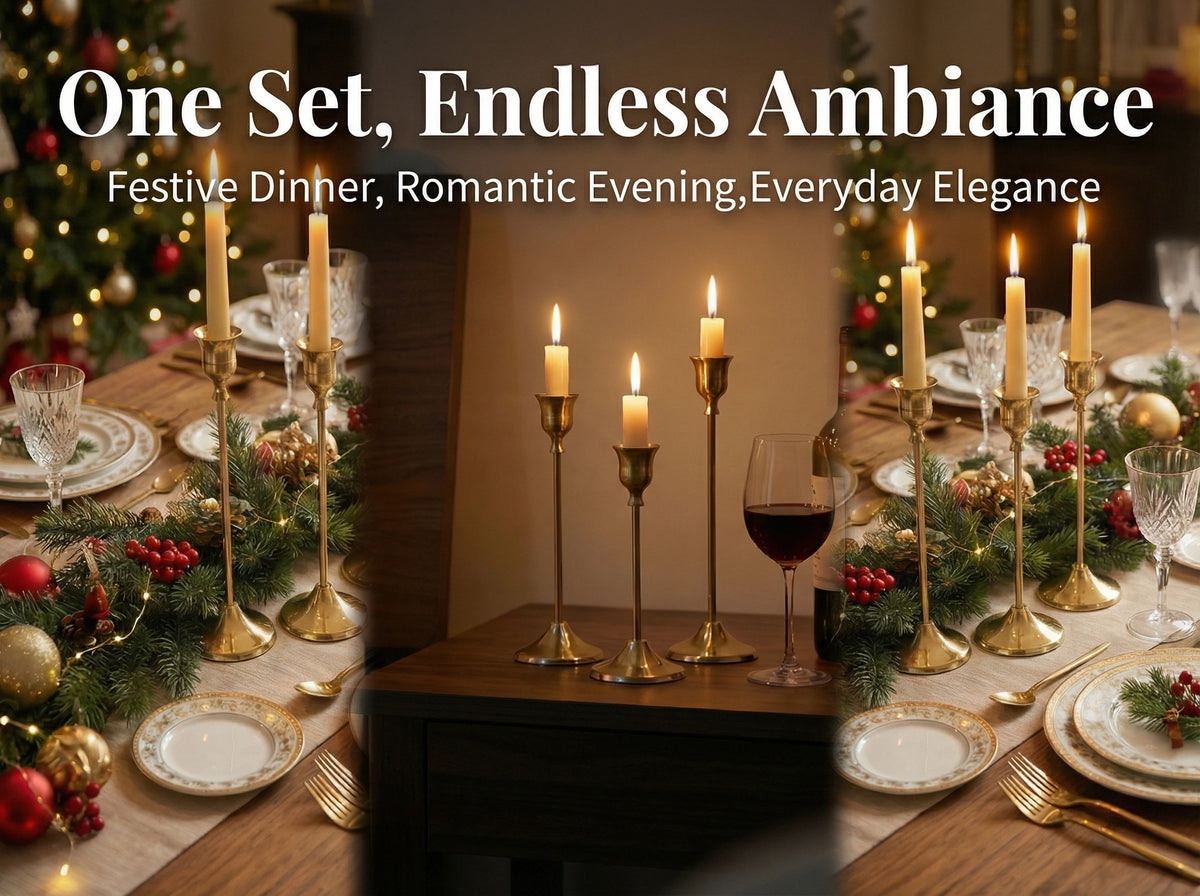 A set of three vintage European style metal candle holders with lit candles on a wooden table setting.