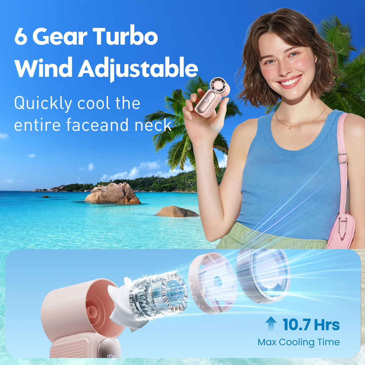 A woman is using a portable handheld cooling fan to cool her face and neck in a tropical outdoor setting.
