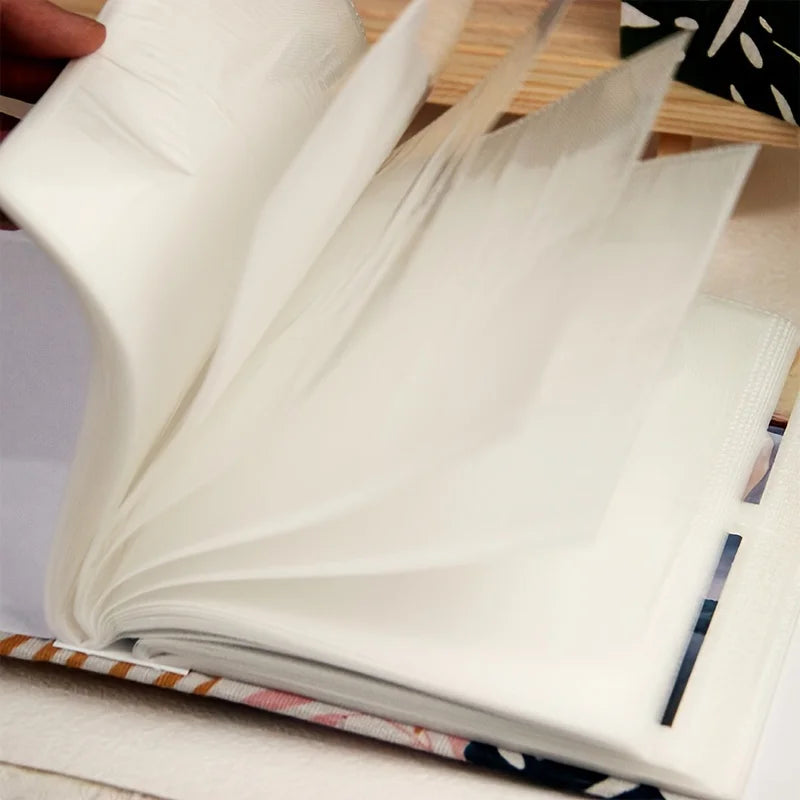 Nahaufnahme eines großen Familienfotoalbums mit weißen Seiten und einem gemusterten Einband.